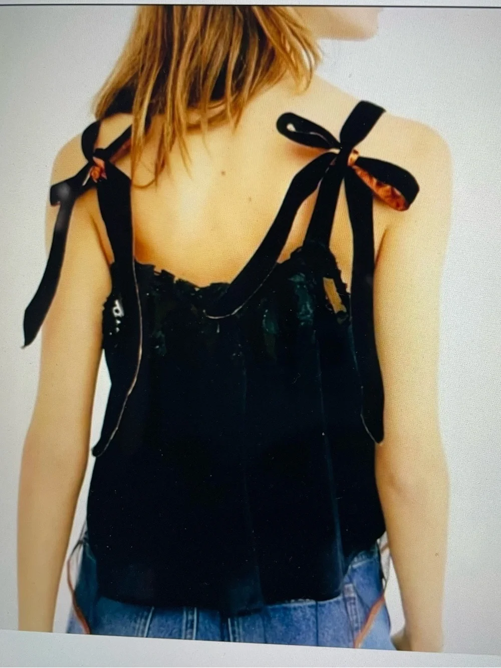 Free People Women’s Black Velvet Lace Trim Babydoll Orange Ribbon Straps - Small